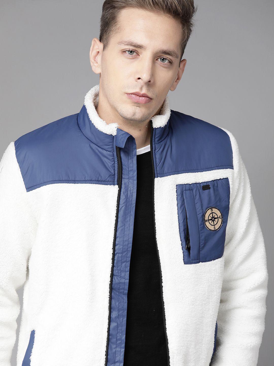 roadster men white & blue colourblocked padded jacket