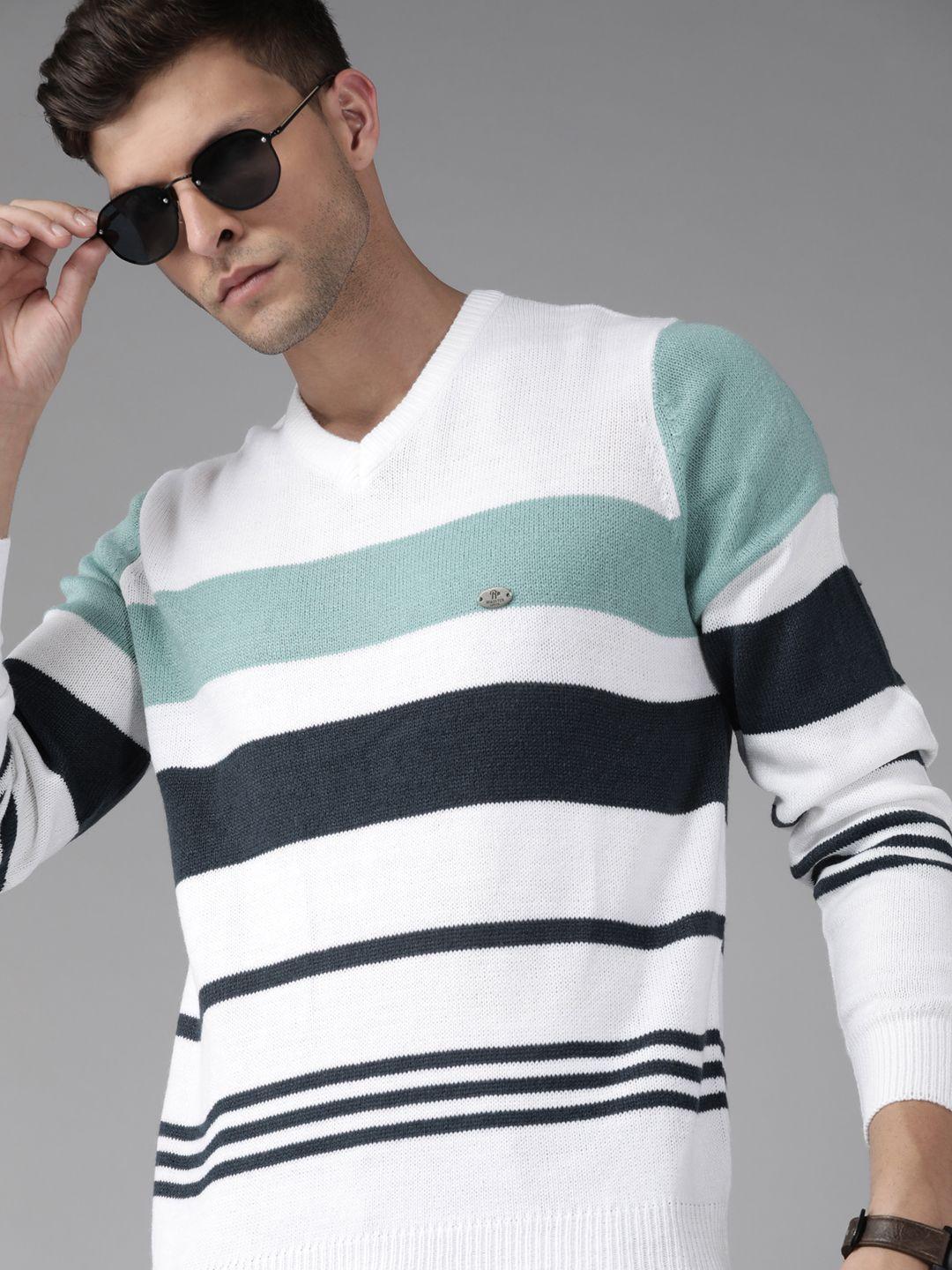 roadster men white & green striped pullover