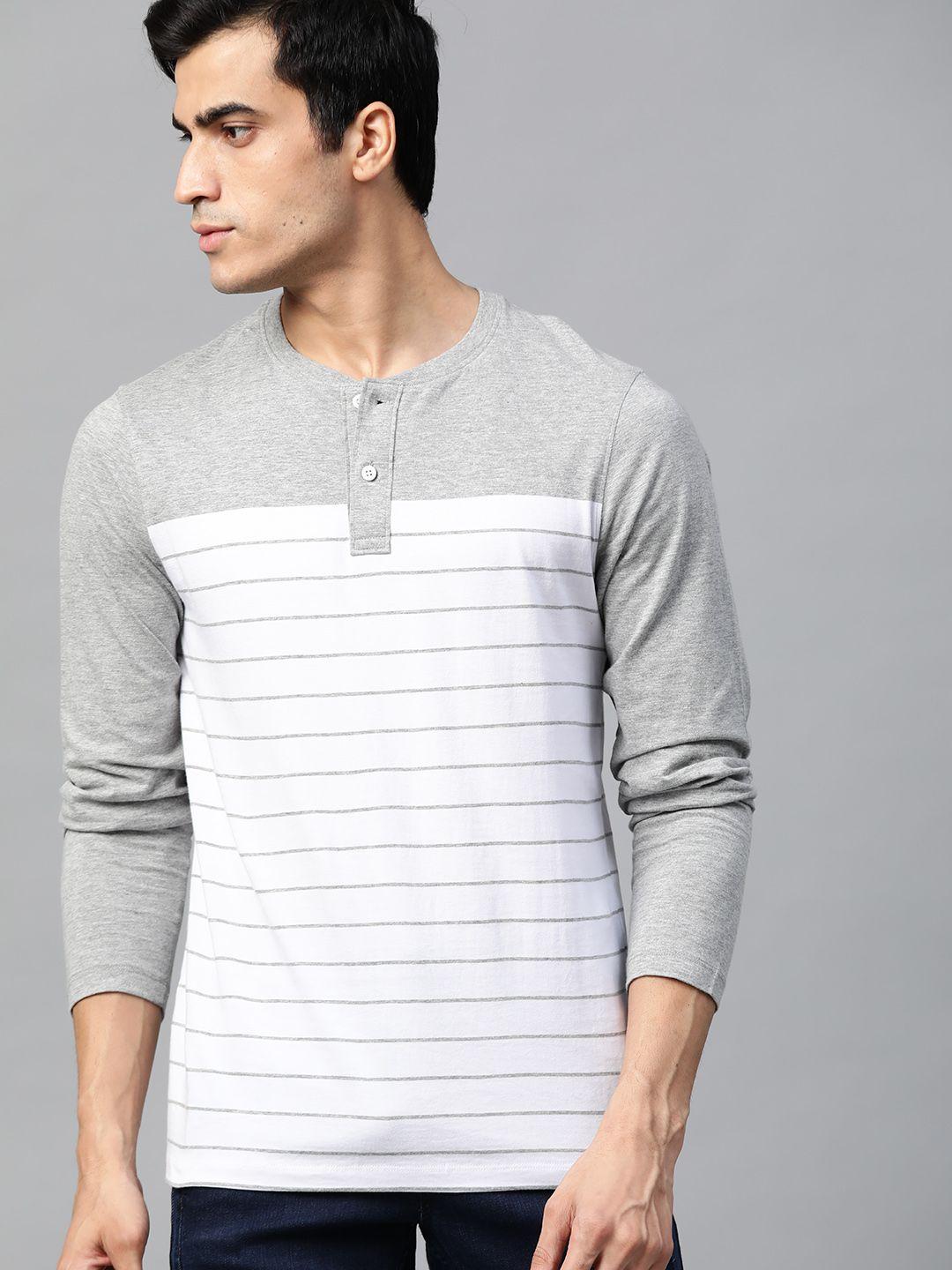 roadster men white & grey melange striped henley neck t-shirt