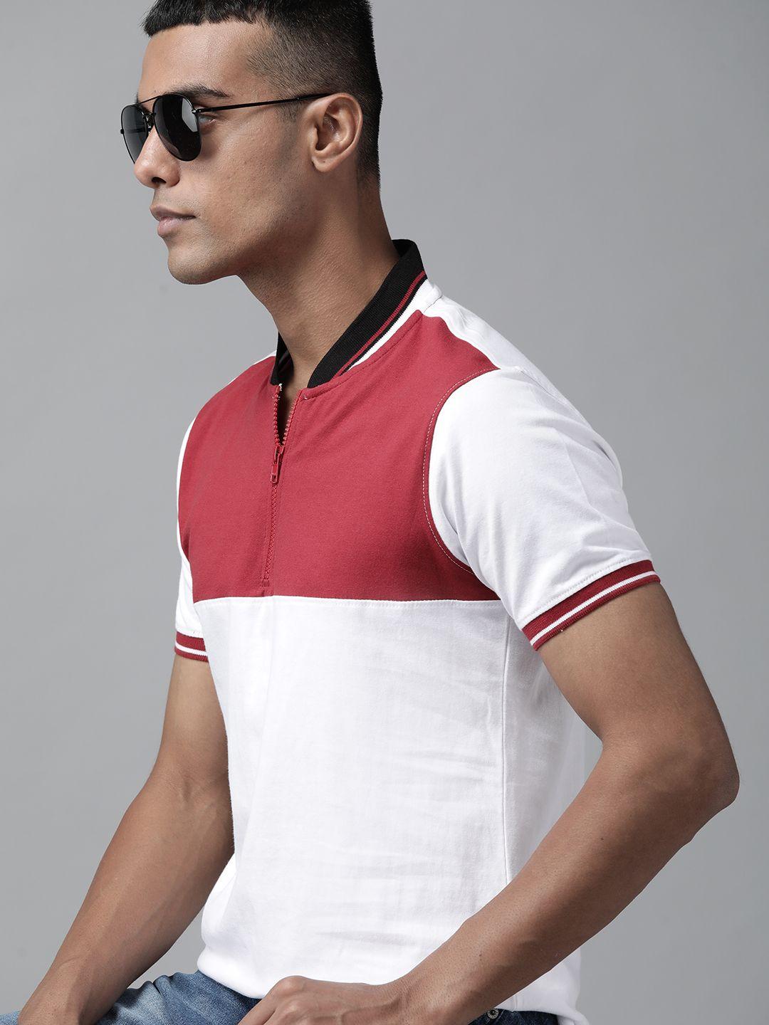 roadster men white & rust red colourblocked pure cotton t-shirt