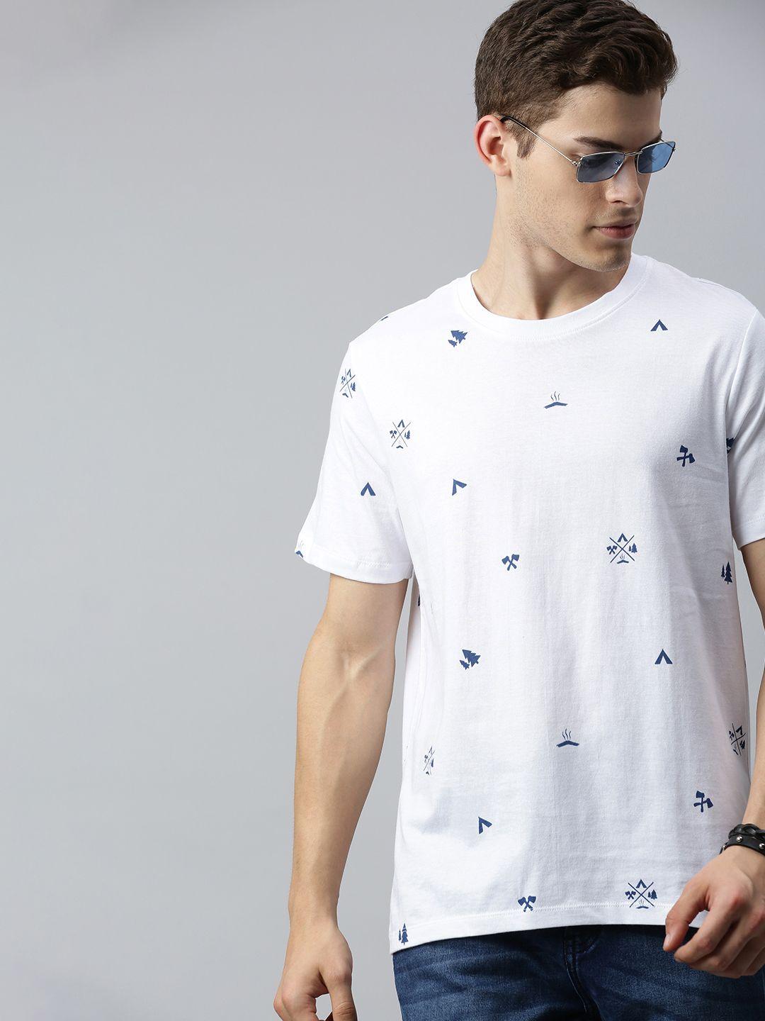 roadster men white  blue printed round neck pure cotton t-shirt