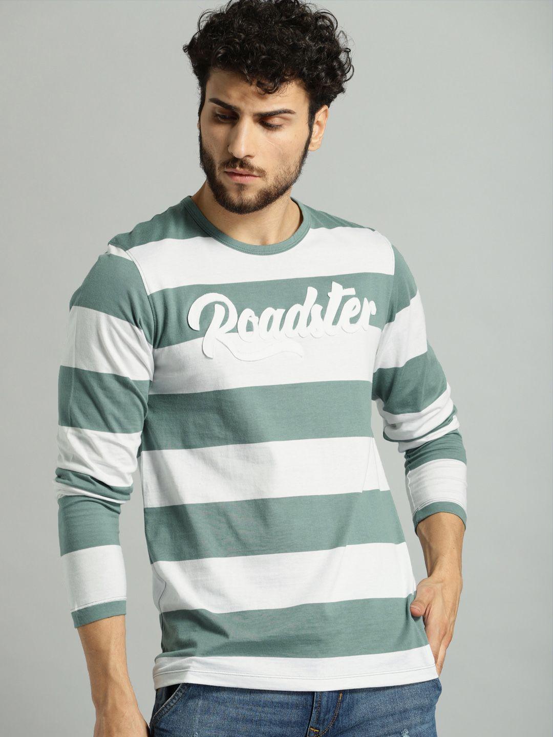 roadster men white  green striped round neck pure cotton t-shirt