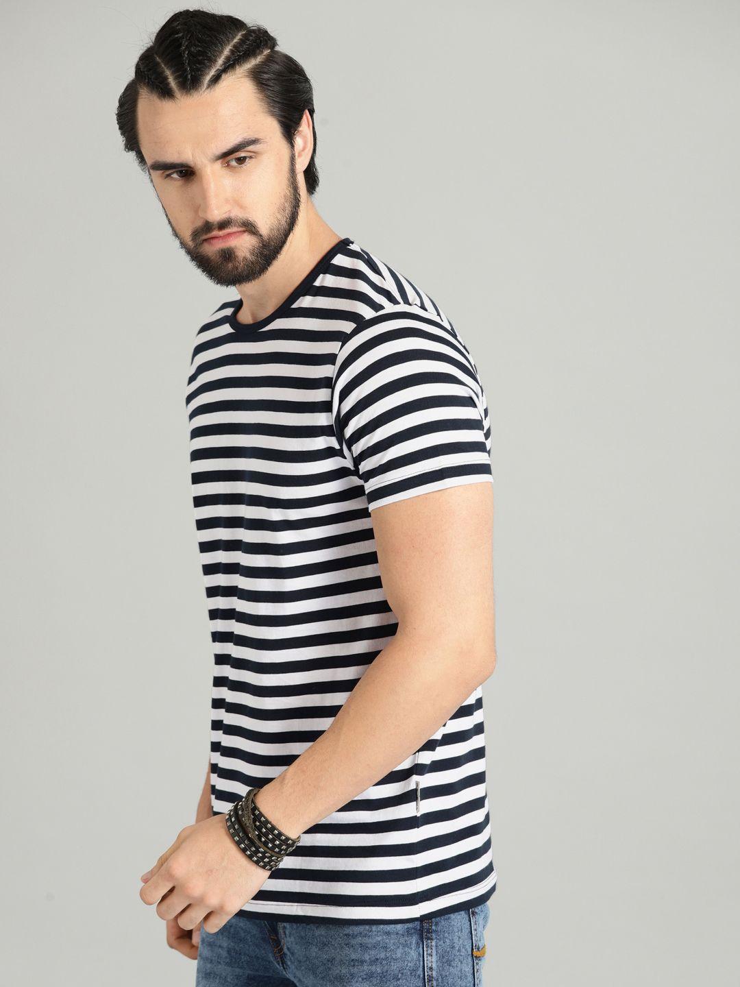 roadster men white  navy blue striped round neck pure cotton t-shirt