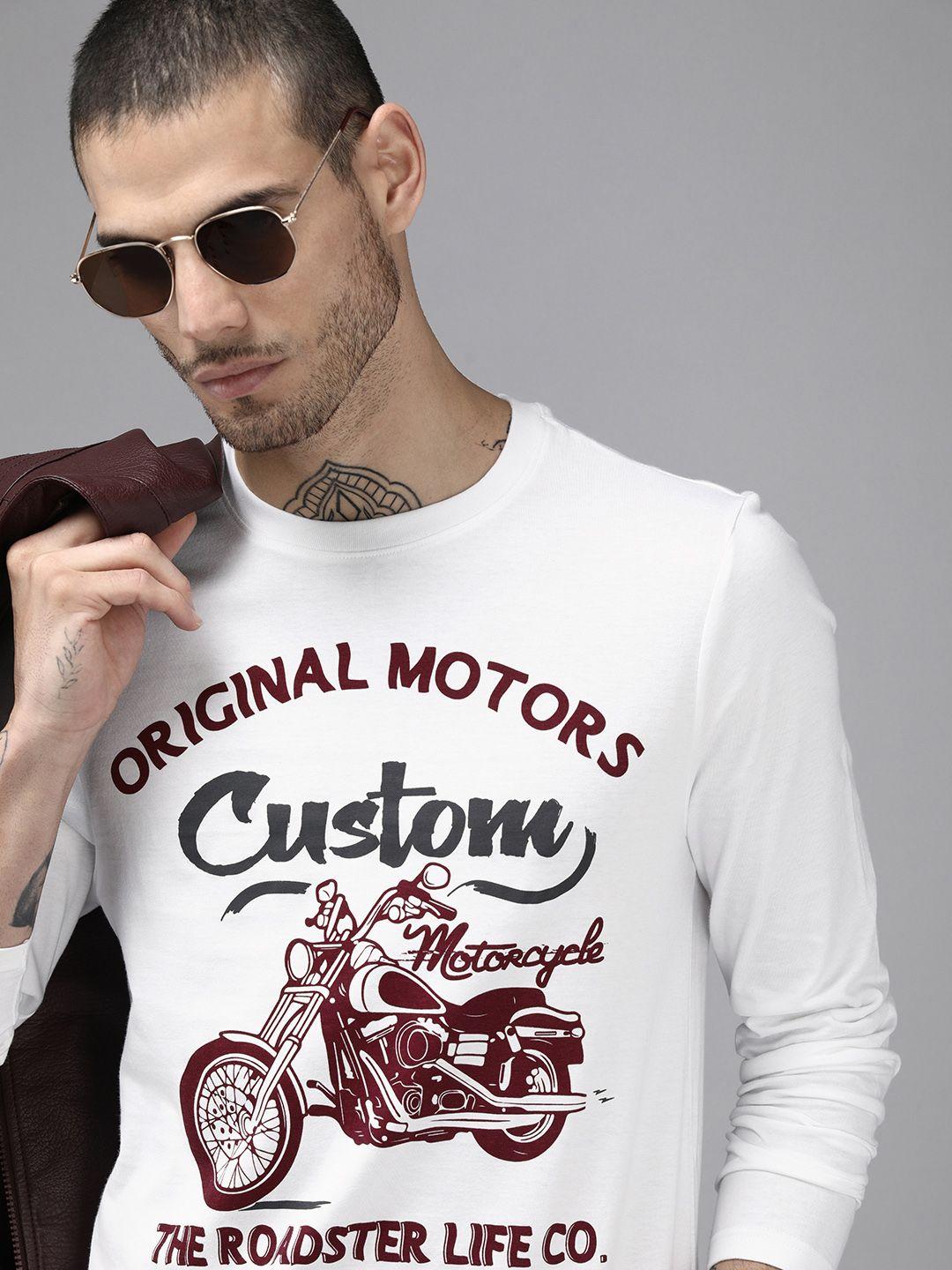 roadster men white biker printed cotton t-shirt