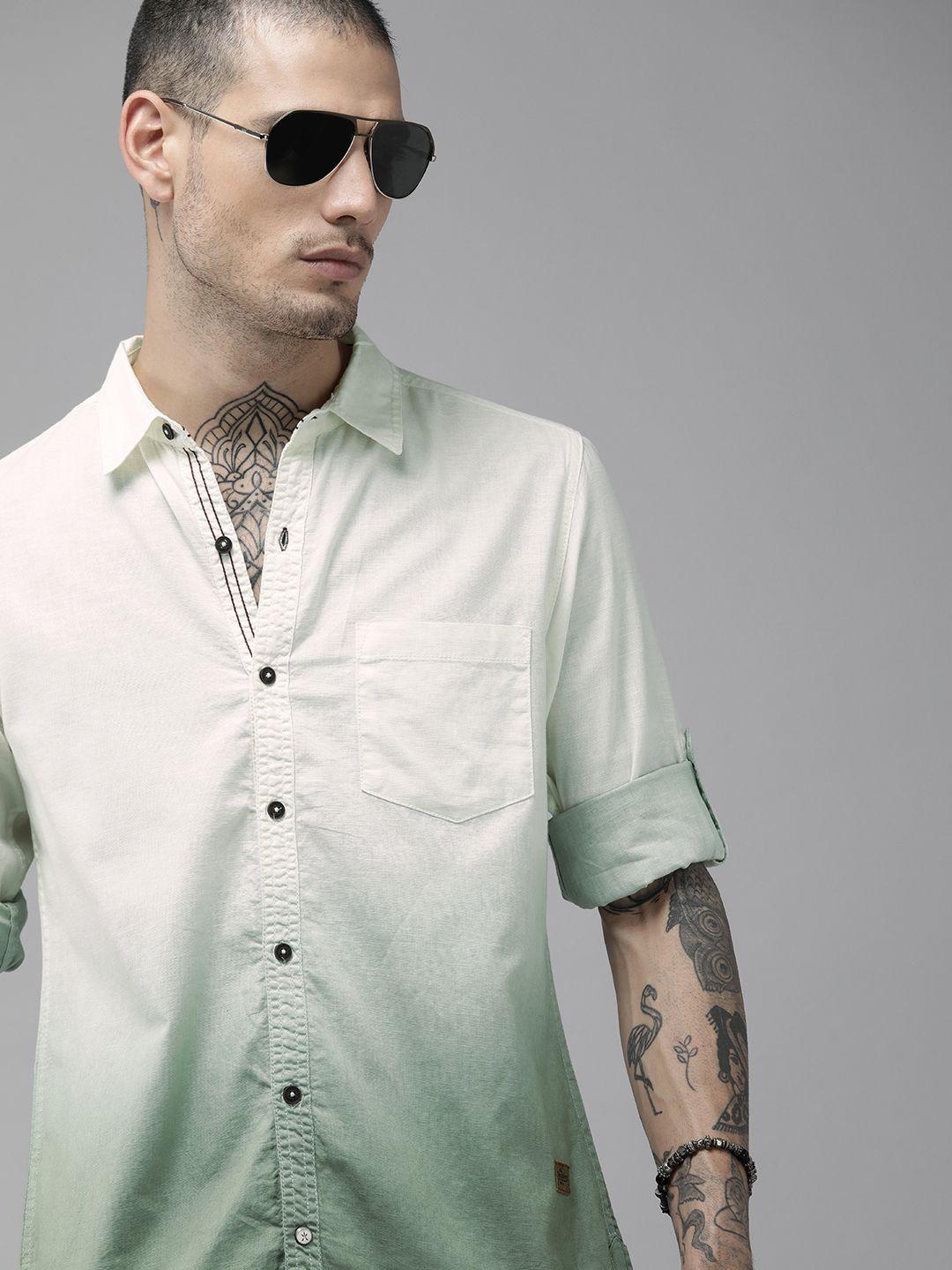 roadster men white ombre faded pure cotton casual shirt