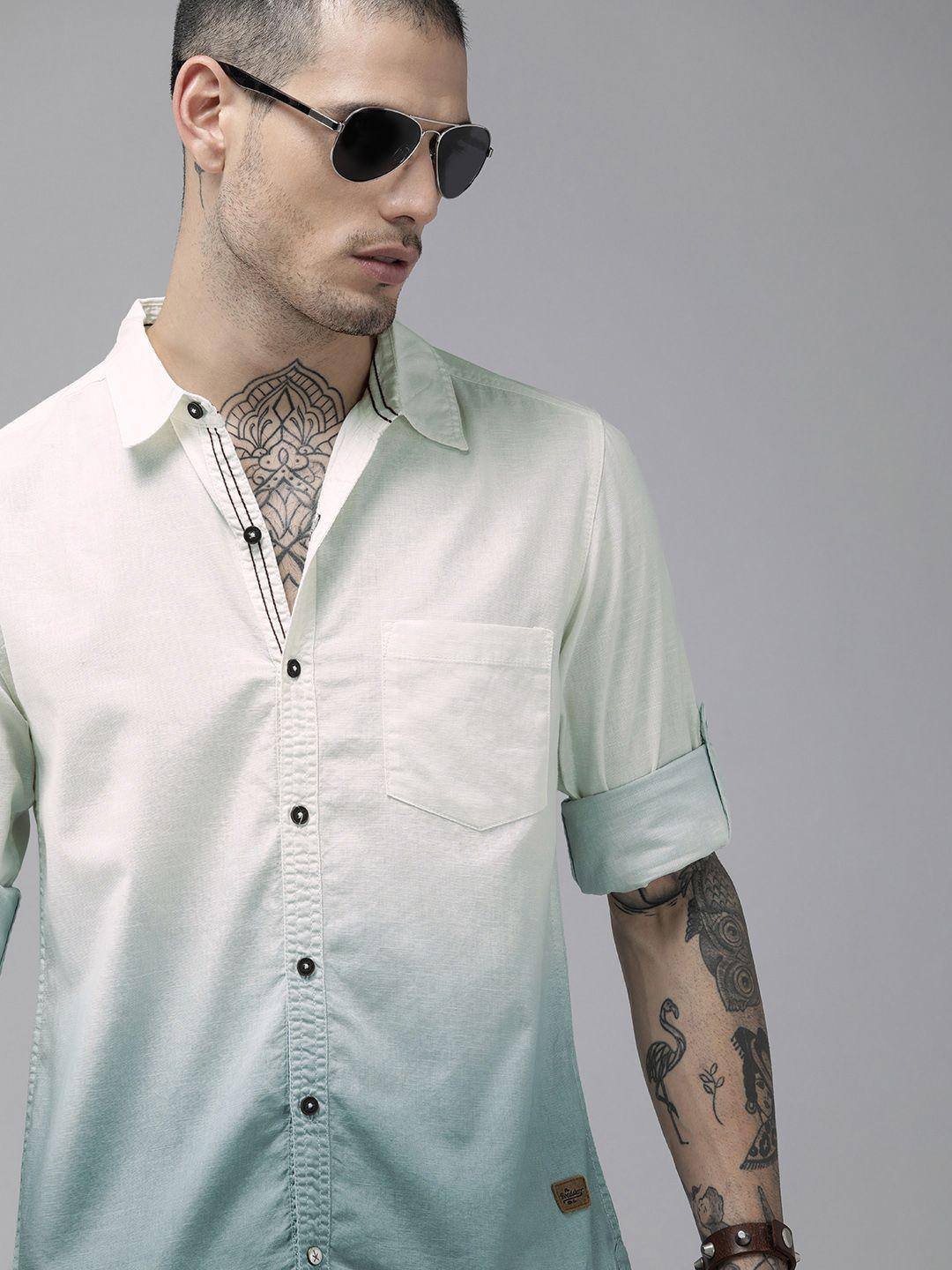 roadster men white ombre faded pure cotton casual shirt