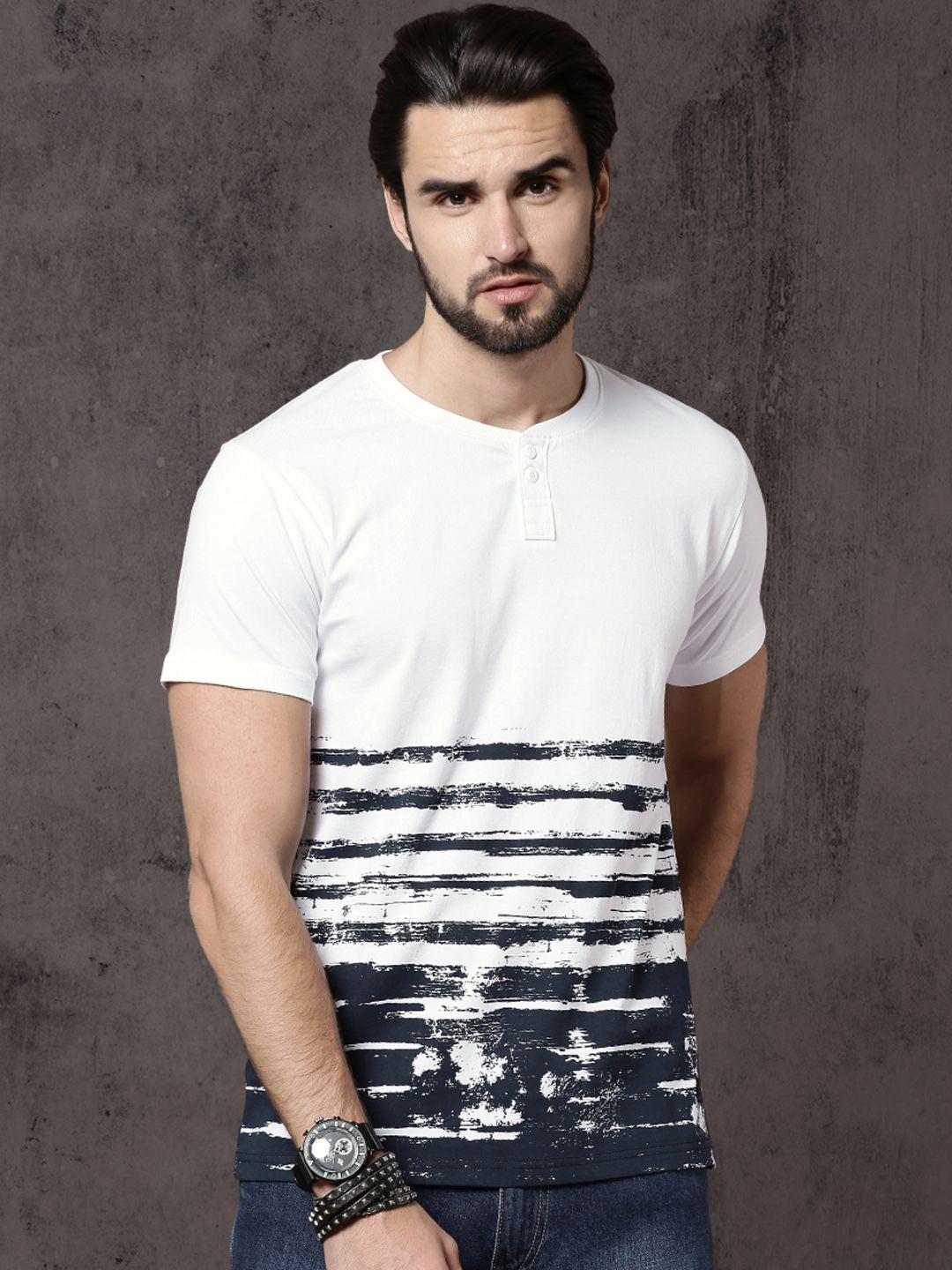 roadster men white printed henley neck t-shirt