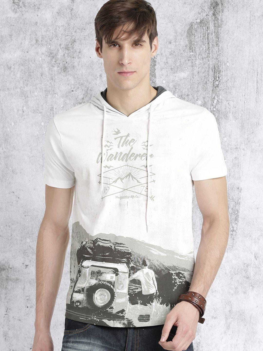 roadster men white printed hooded pure cotton t-shirt