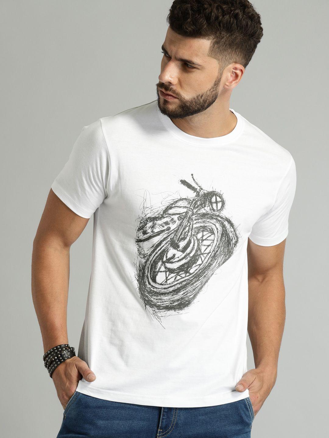 roadster men white printed round neck pure cotton t-shirt