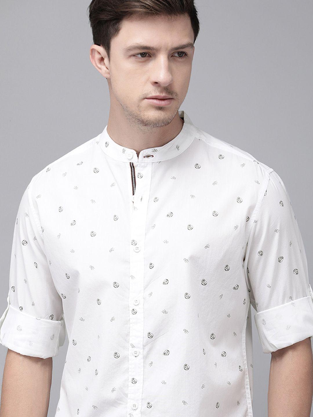 roadster men white regular fit printed sustainable casual shirt