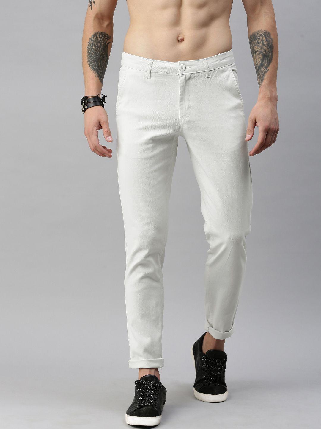 roadster men white regular fit solid regular trousers