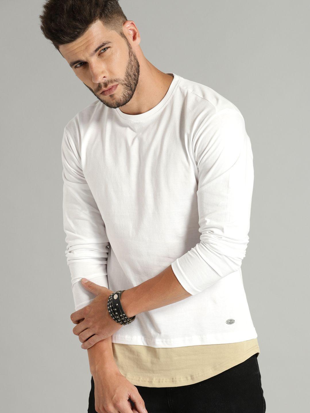 roadster men white solid round neck layered t-shirt