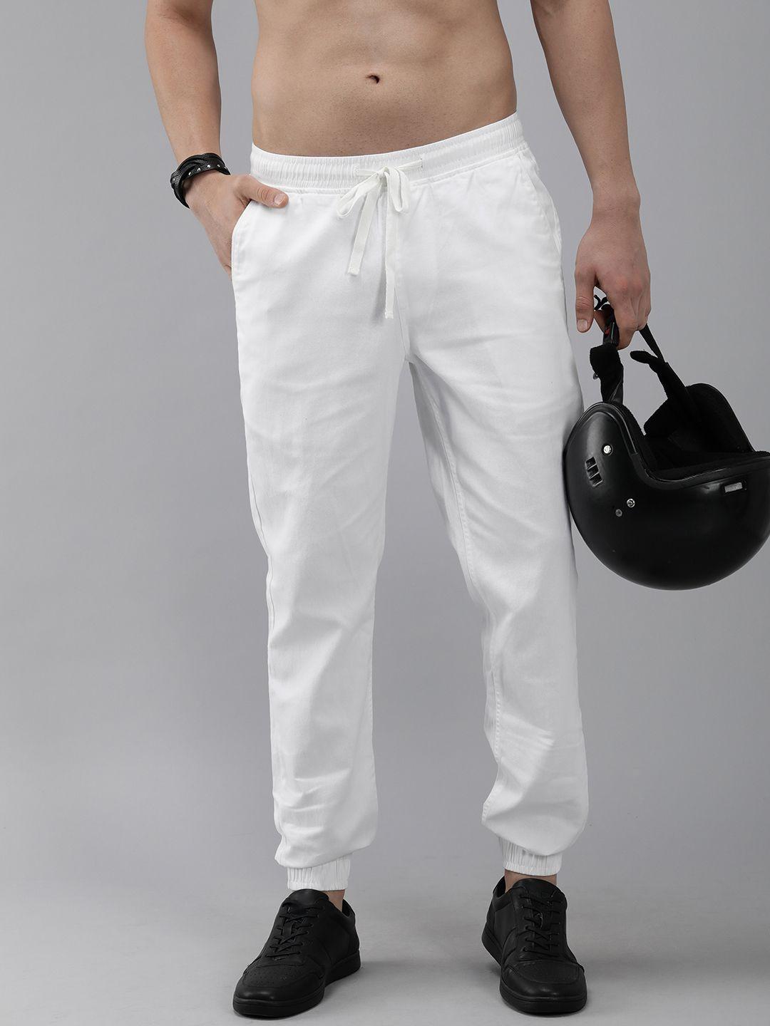 roadster men white solid slim fit pure cotton casual joggers