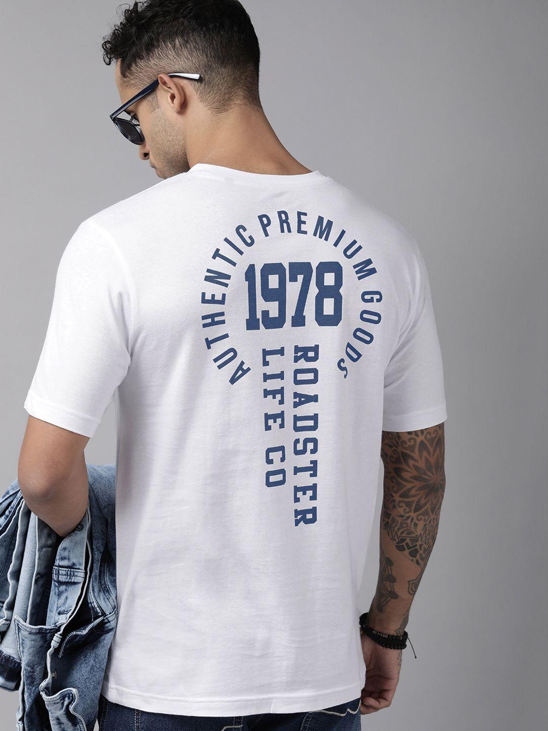 roadster men white typography printed v-neck pure cotton t-shirt