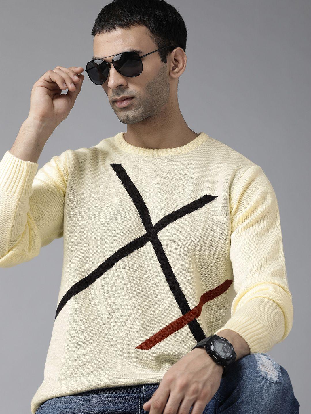 roadster men yellow & black self design pullover