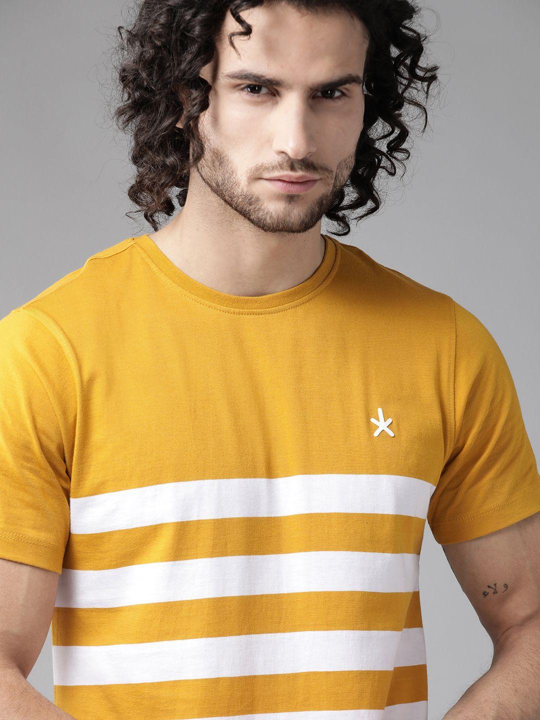 roadster men yellow  white striped round neck pure cotton t-shirt
