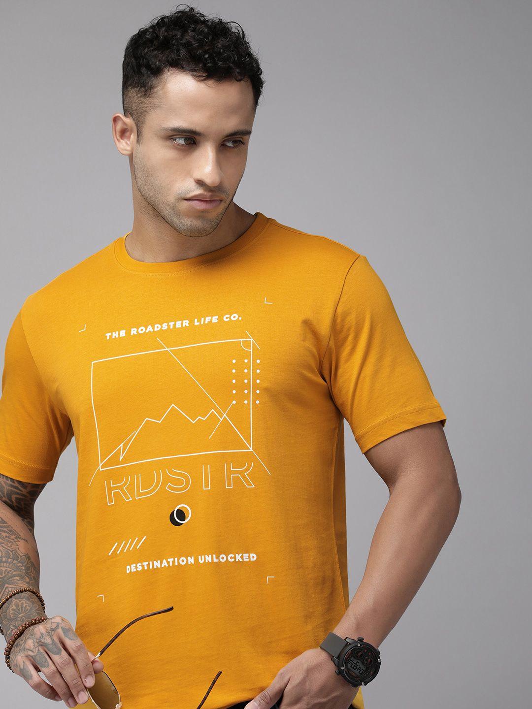 roadster men yellow printed pure cotton t-shirt