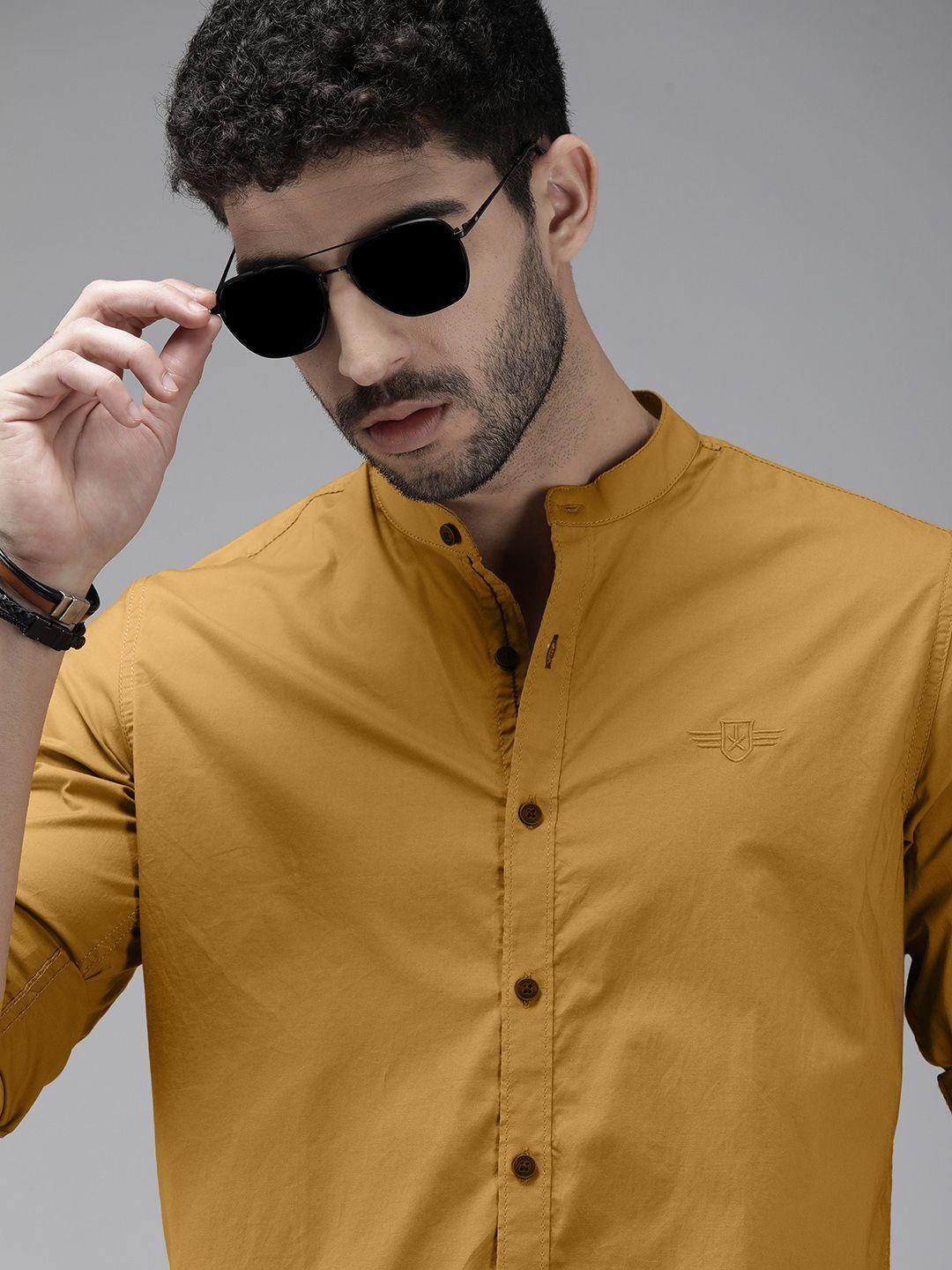 roadster men yellow slim fit opaque casual shirt
