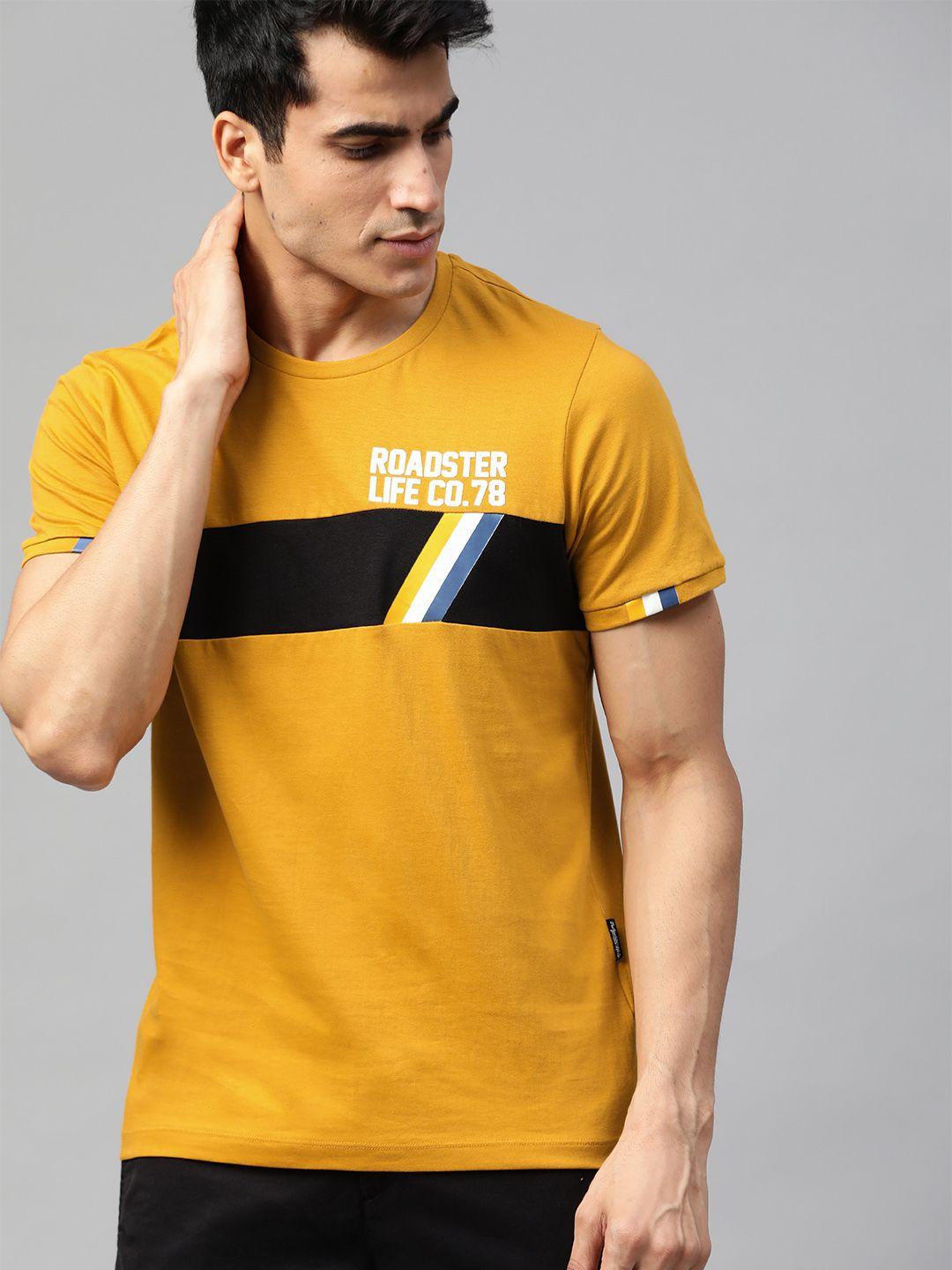 roadster men yellow striped round neck pure cotton t-shirt