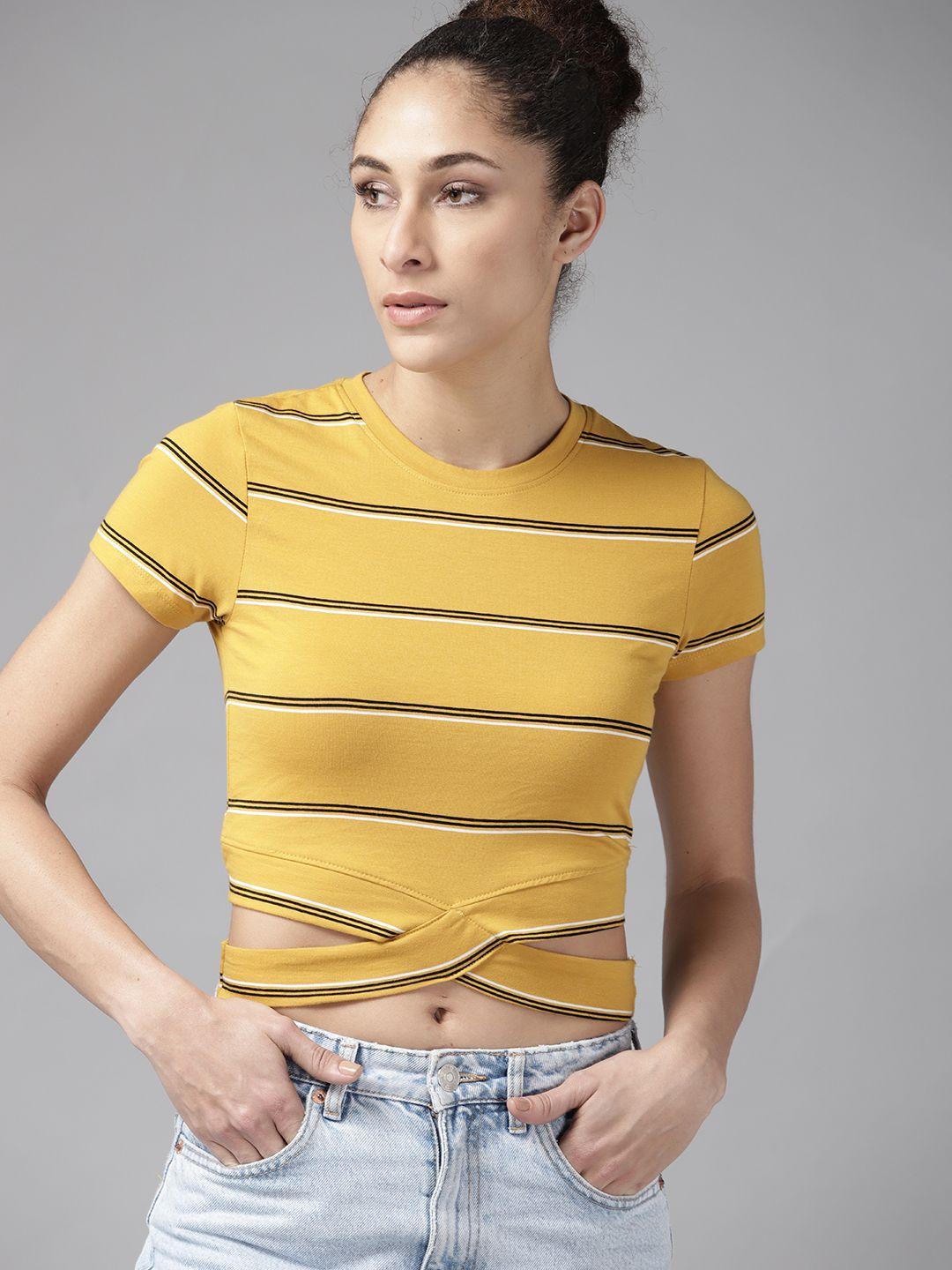 roadster mustard yellow & black striped crop top with cut out details