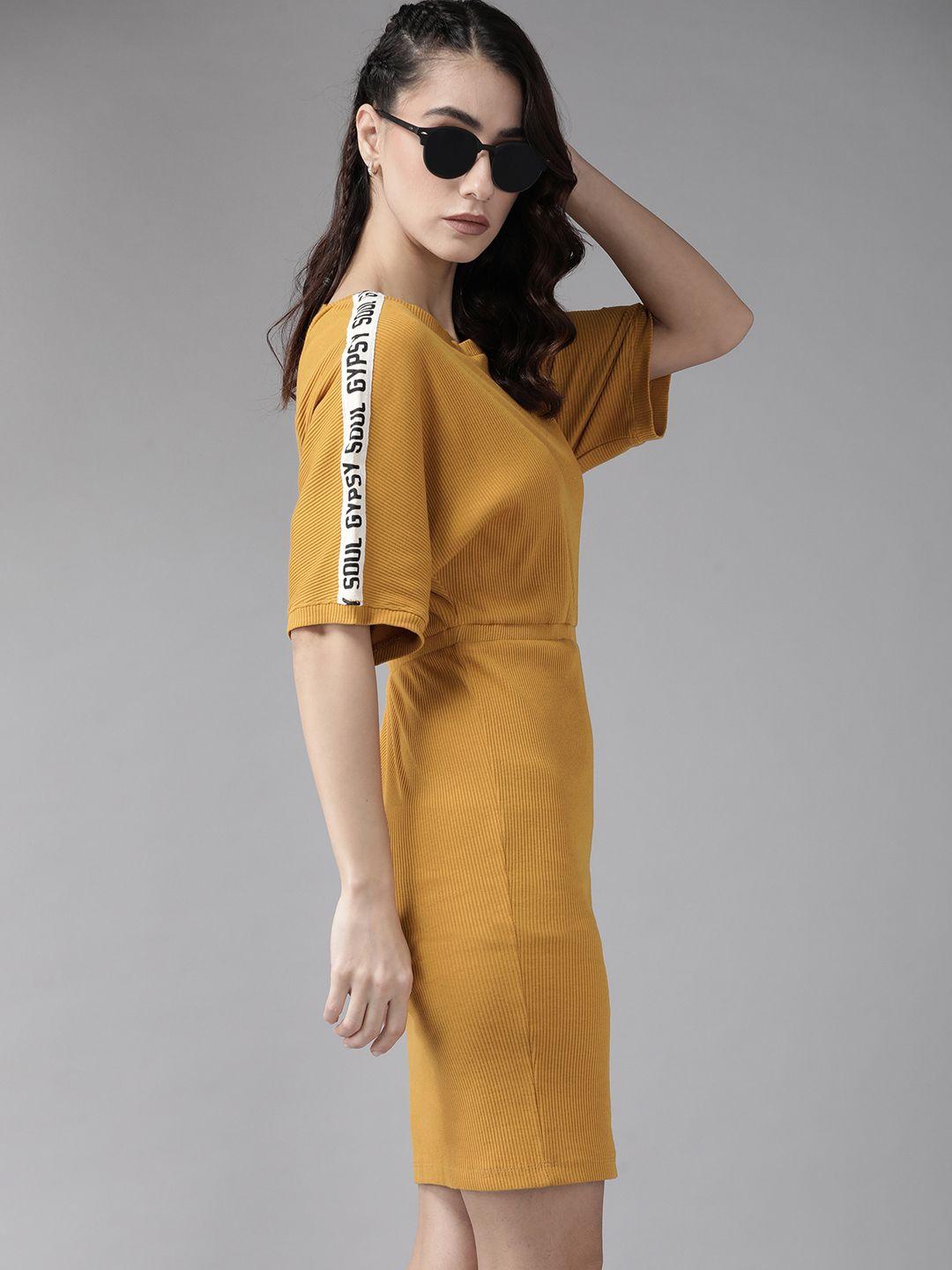 roadster mustard yellow solid ribbed sheath dress with cut out detail