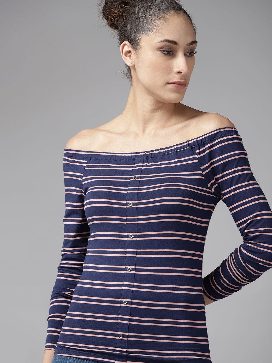 roadster navy blue & pink striped off-shoulder bardot top