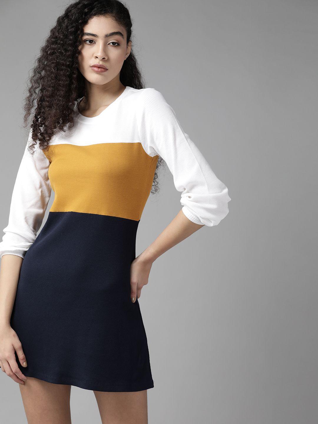 roadster navy blue & white colourblocked a-line dress