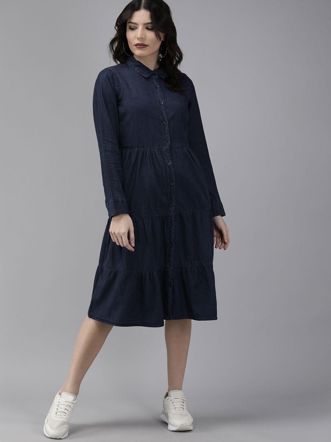 roadster navy blue solid tiered pure cotton denim a-line dress