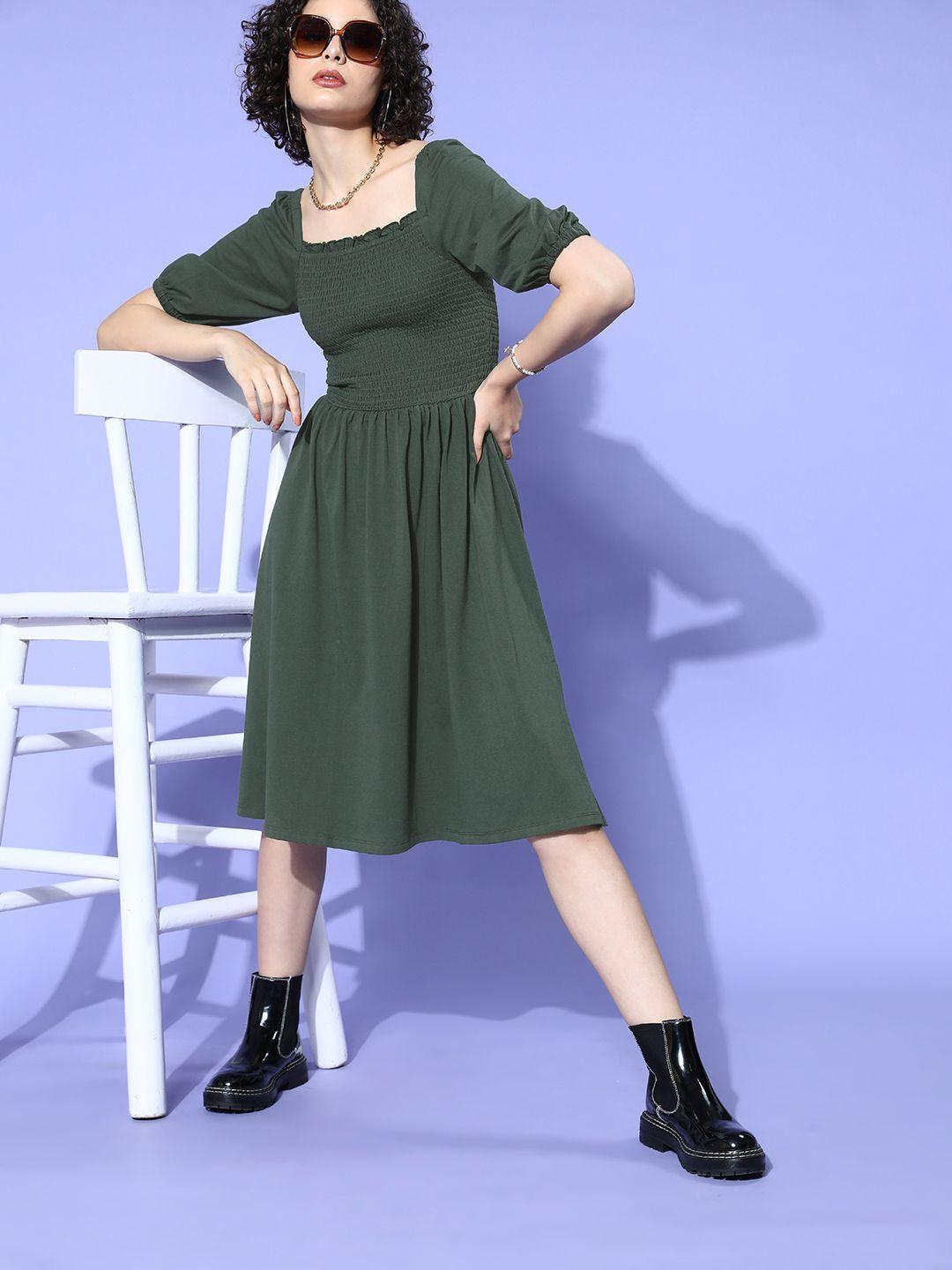 roadster olive green smocked a-line midi dress