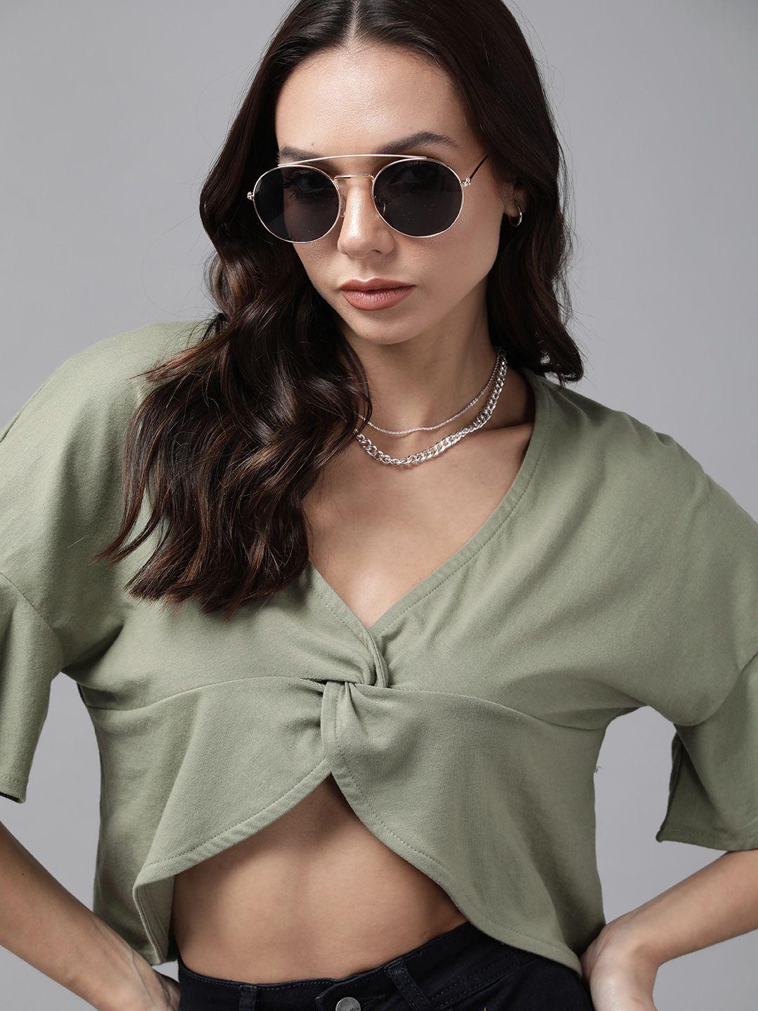 roadster olive green solid twisted crop top