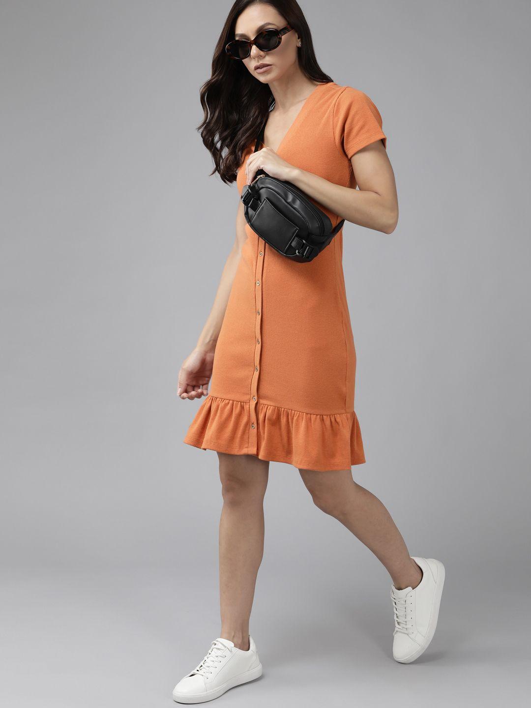 roadster orange solid flounce hem sheath dress