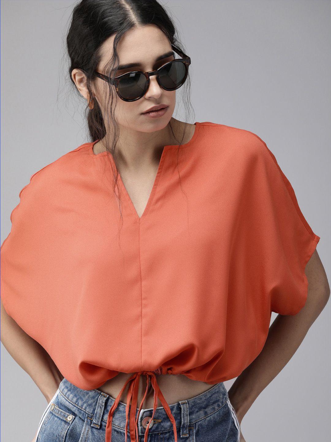 roadster orange waist tie-up blouson crop top