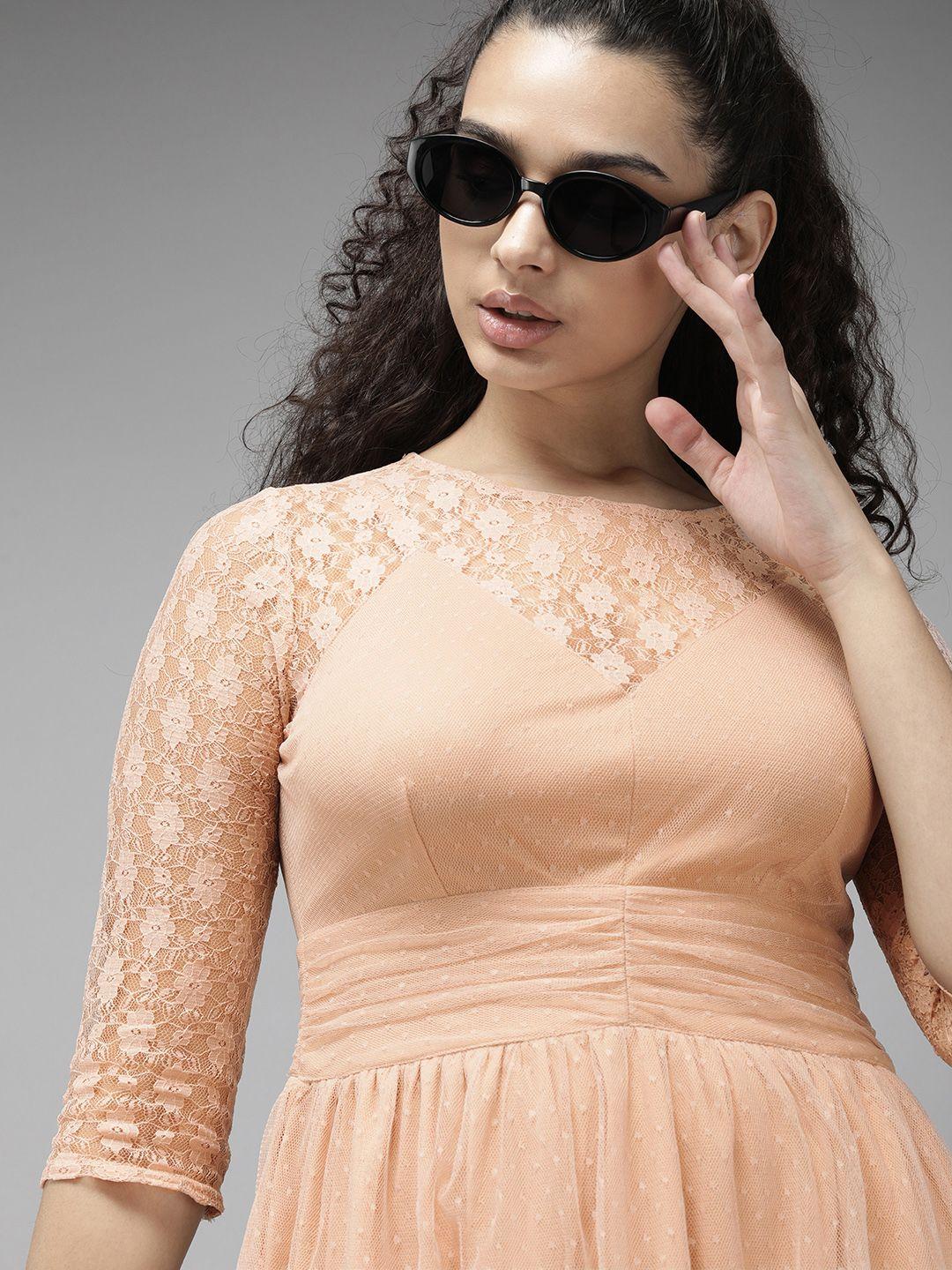 roadster peach-coloured self design ruched detail net a-line dress