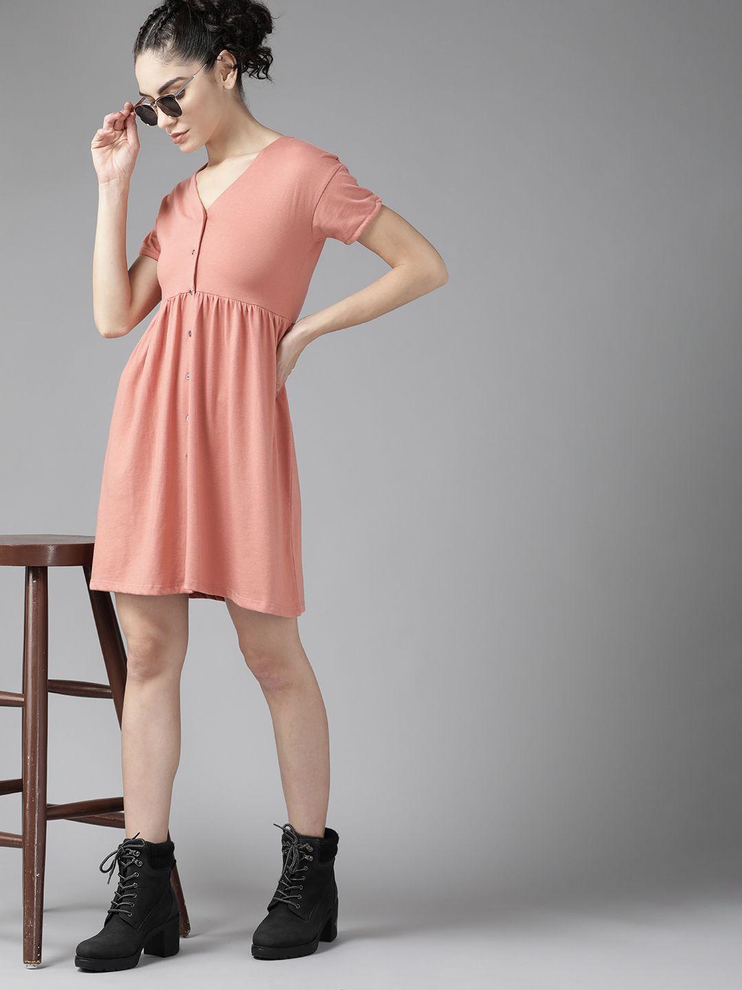 roadster peach-coloured solid a-line dress