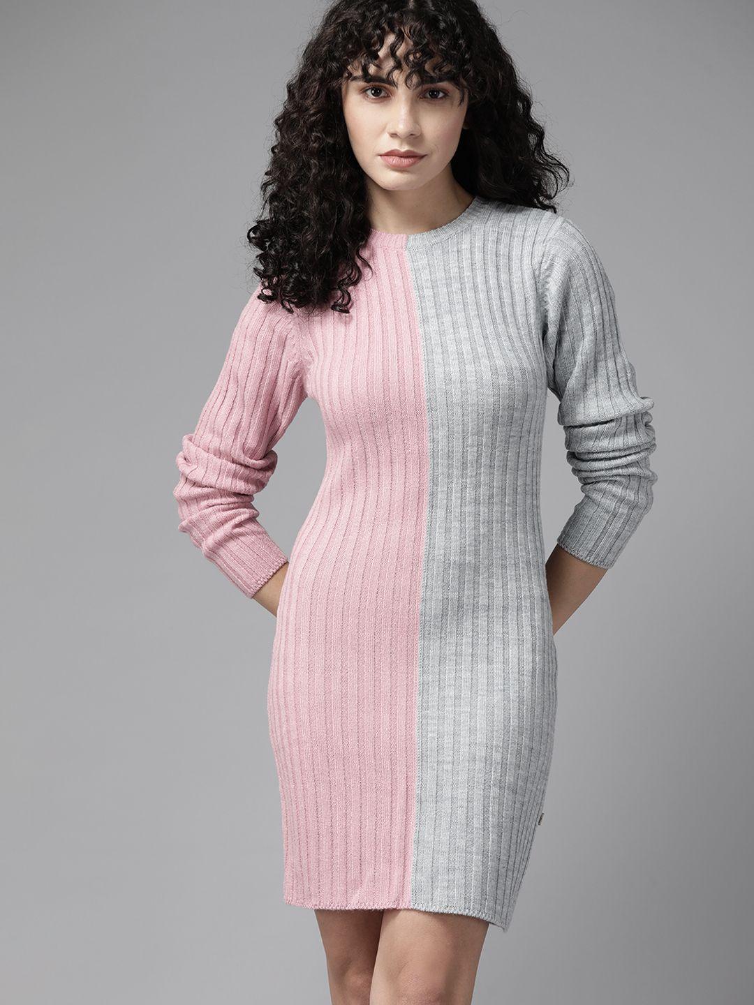 roadster pink & grey colourblocked bodycon winter dress