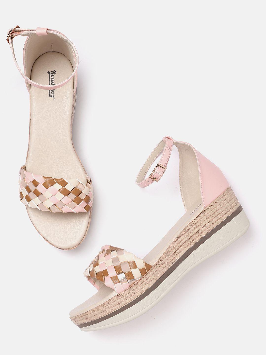 roadster pink & white basketweave wedges