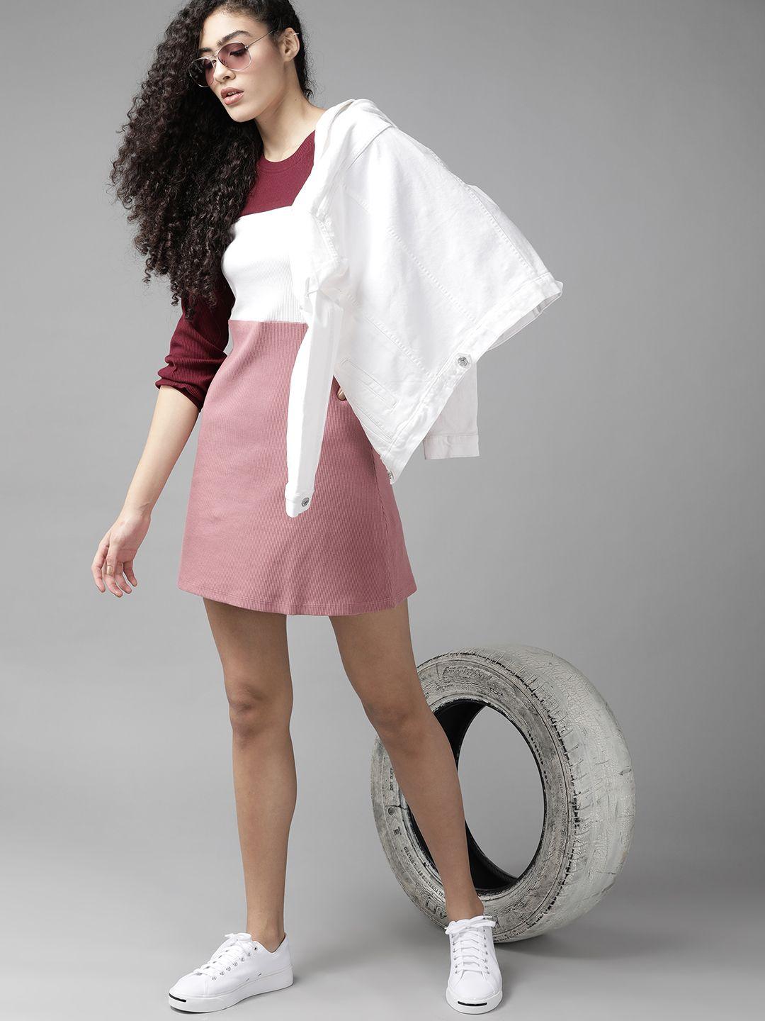 roadster pink & white colourblocked a-line dress