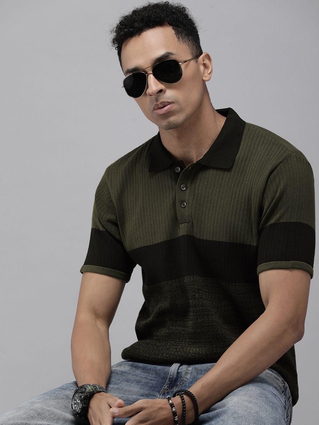 roadster ribbed & colourblocked contrast polo collar knitted pure cotton t-shirt