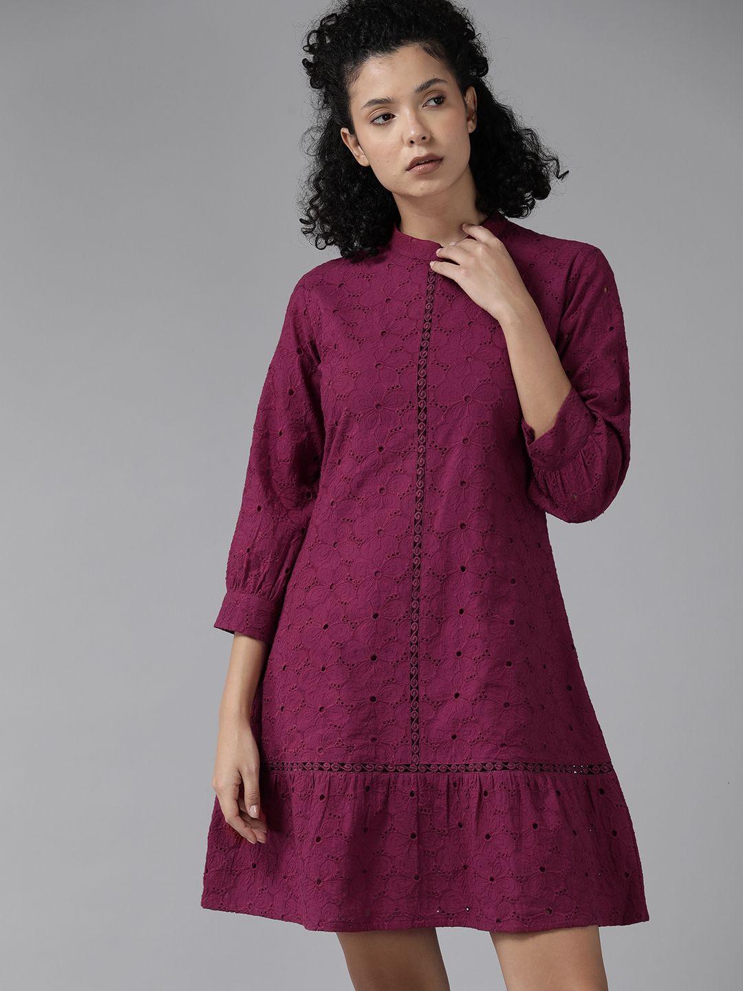 roadster schiffli mandarin collar puff sleeves a-line dress