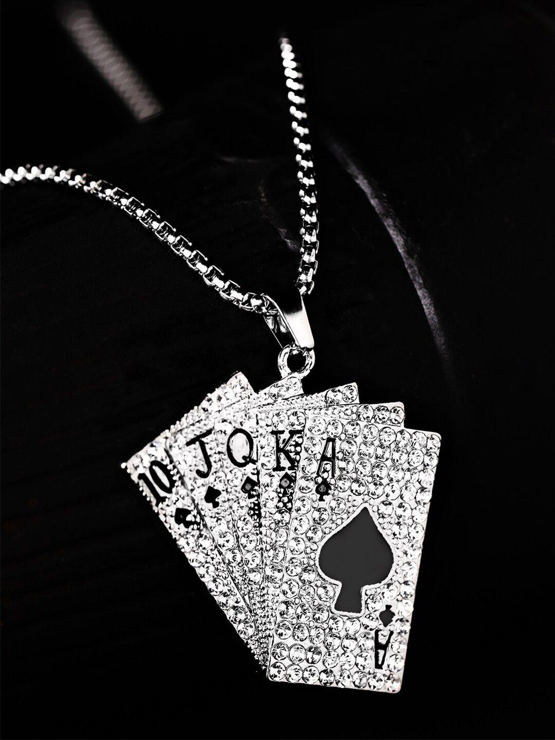 roadster silver-plated stone studded cards pendant and chain