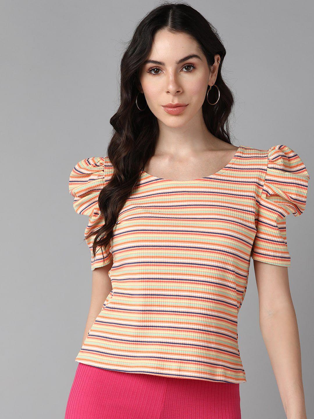 roadster striped round neck puff sleeves top
