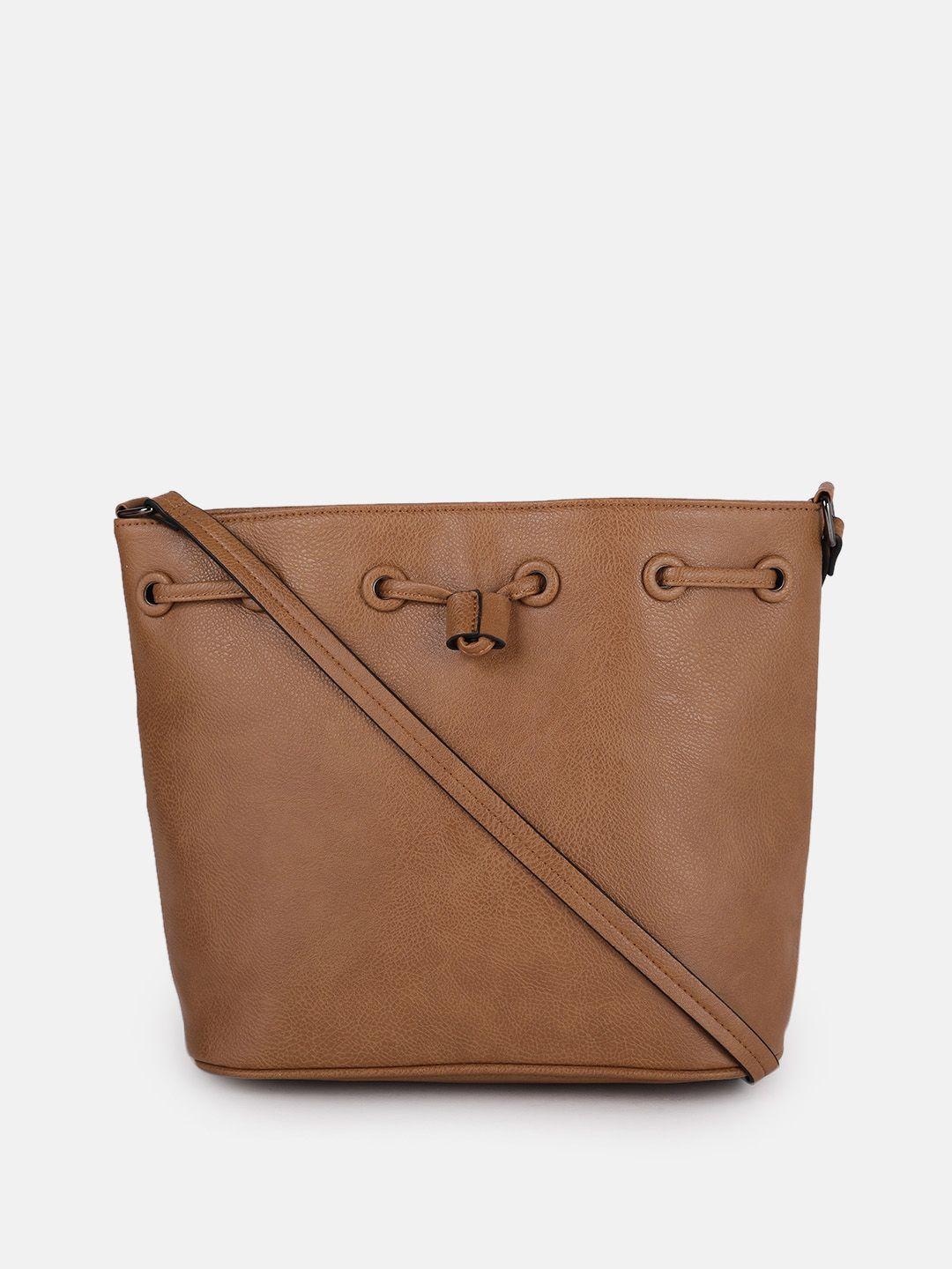 roadster tan brown solid pu regular bucket sling bag with drawstring detail