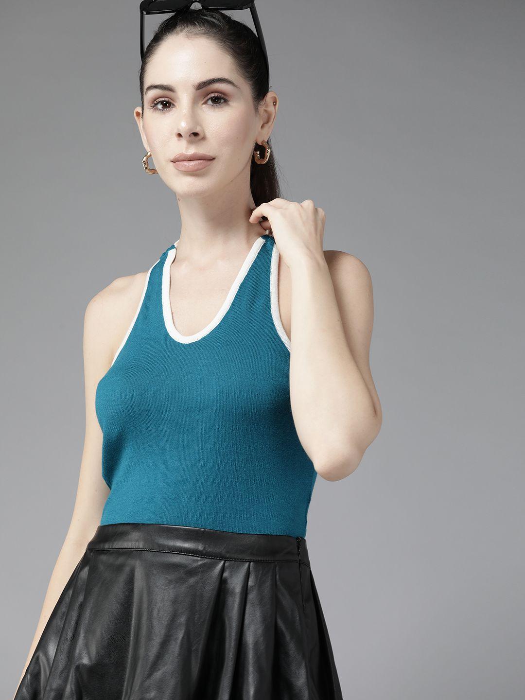roadster teal blue solid pure cotton halter neck top
