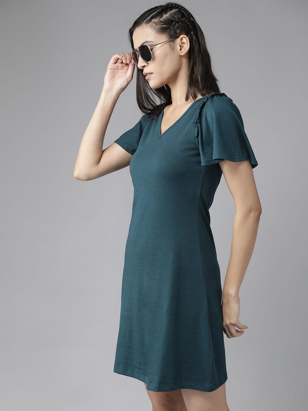 roadster teal blue solid ruffle a-line dress