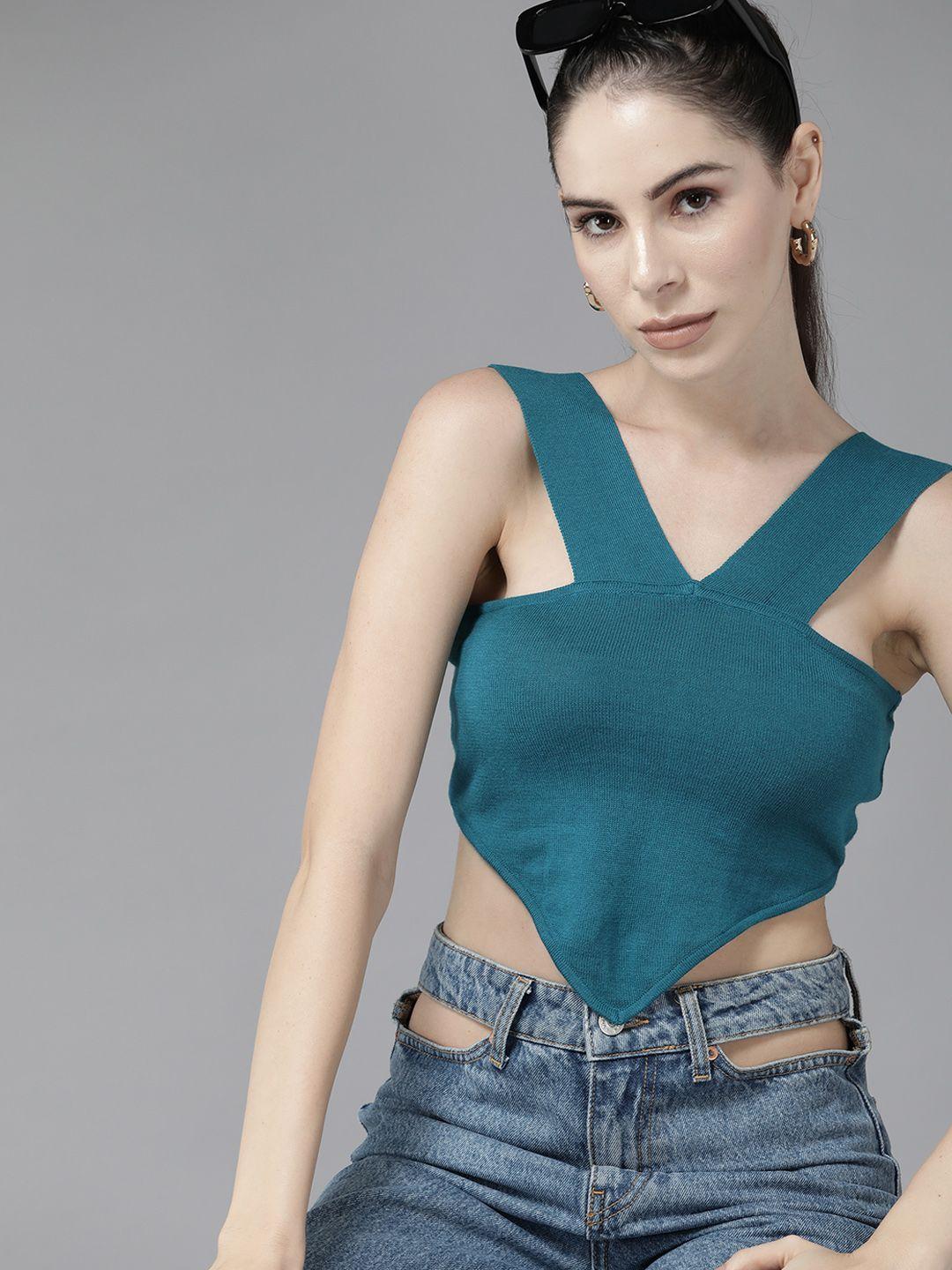 roadster teal blue solid shoulder straps asymmetric hem crop top