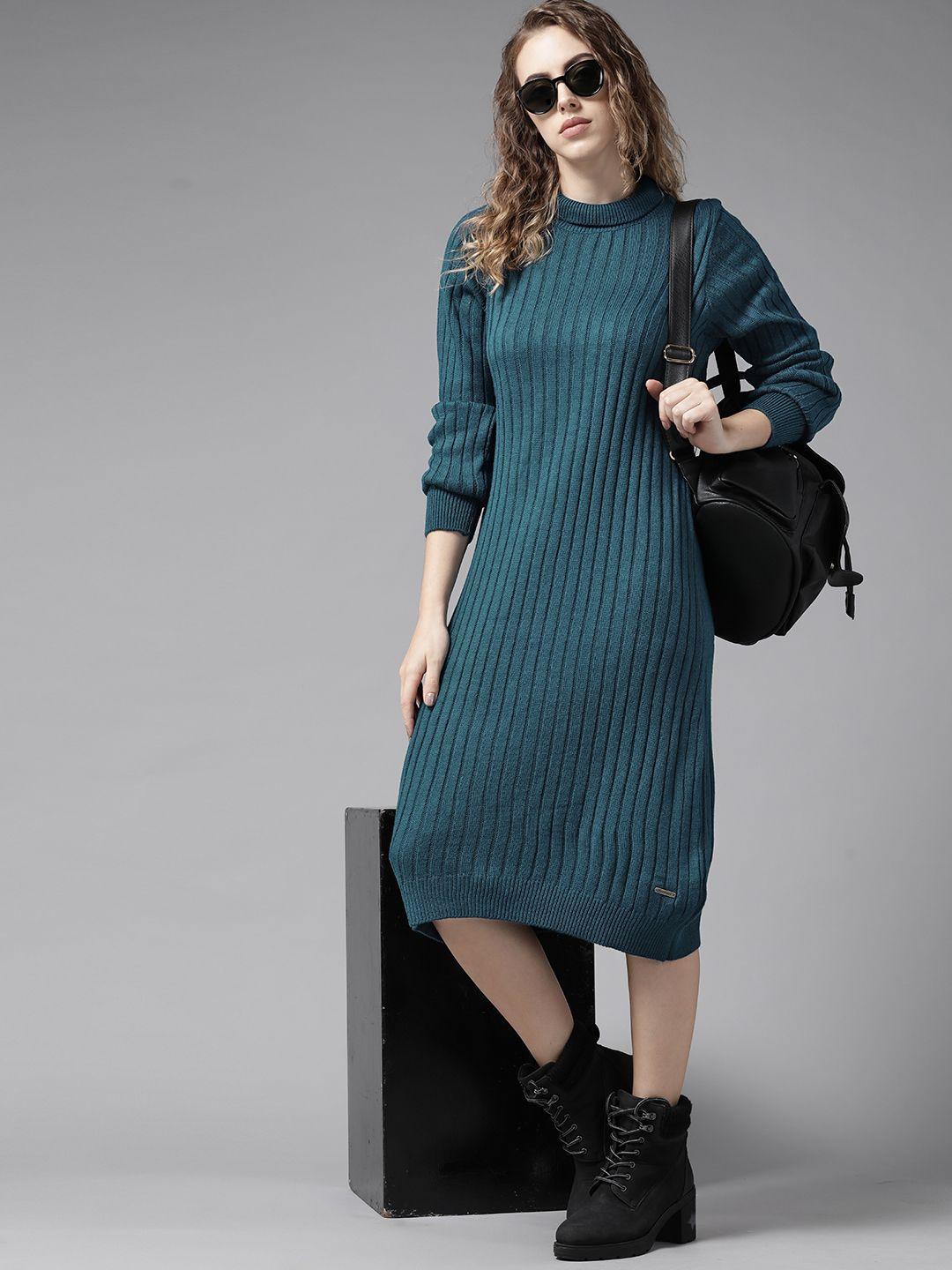 roadster teal green round neck jumper midi dress