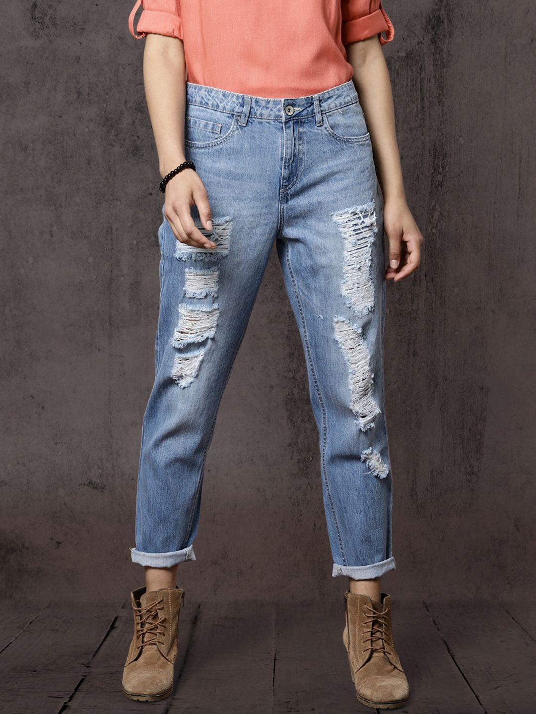 roadster time travlr women blue boyfriend fit mid-rise mildly distressed cropped jeans