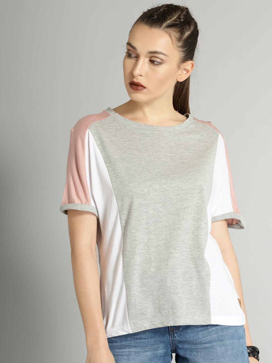 roadster time travlr women grey & white colourblocked round neck t-shirt