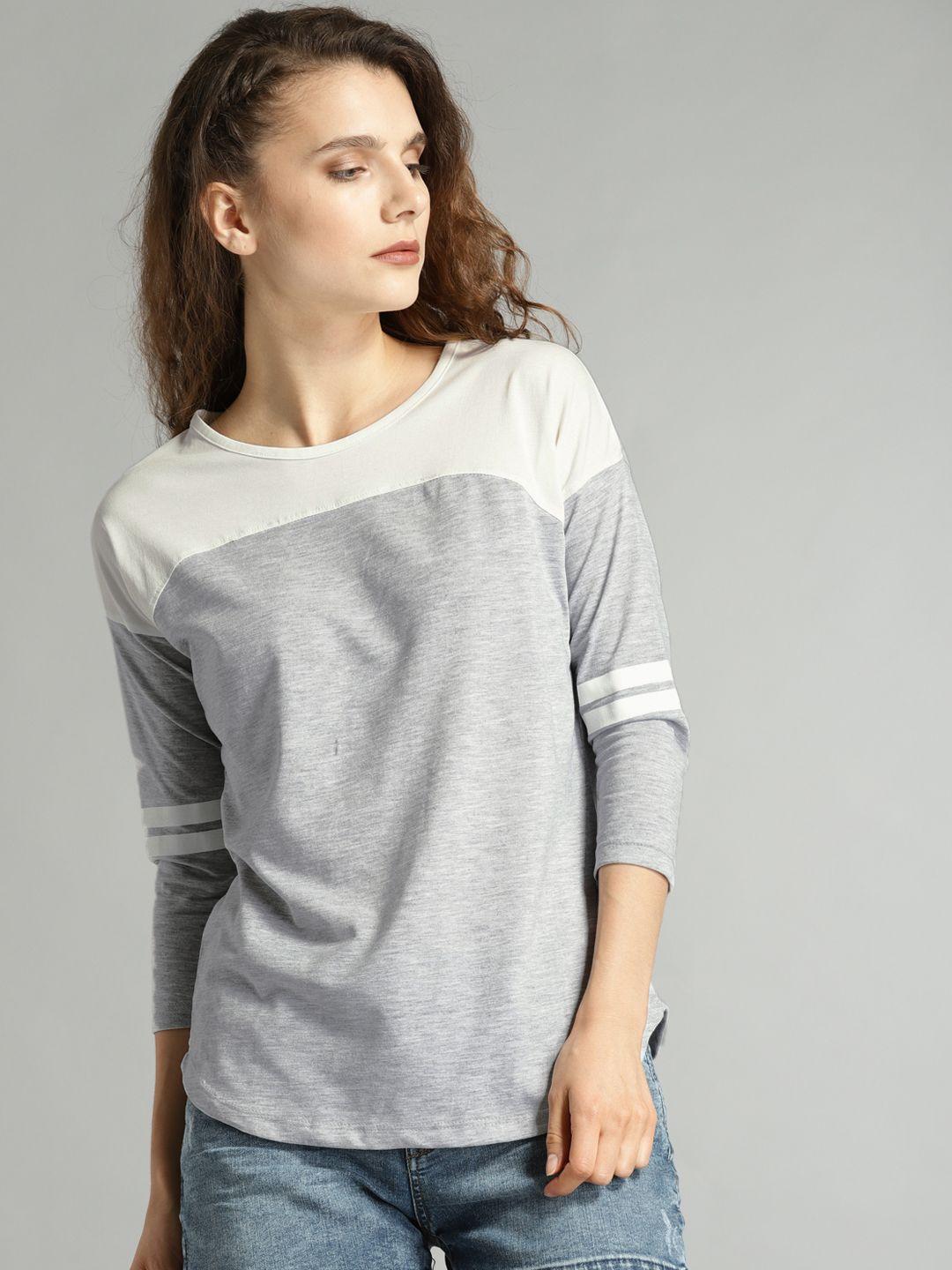 roadster time travlr women grey solid round neck t-shirt