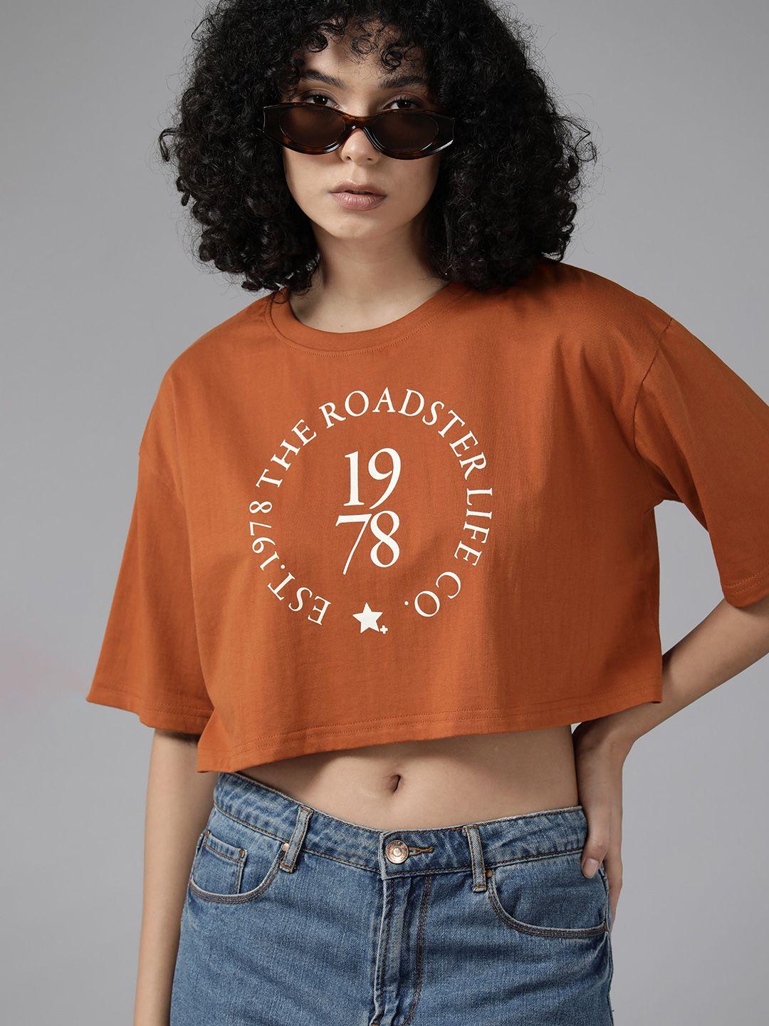 roadster typography printed drop-shoulder sleeves pure cotton crop boxy t-shirt